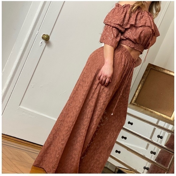 H&M Rust Cheetah Wide Leg Pants & Off Shoulder Bardot Crop Top Set Sz 12 - Picture 4 of 15